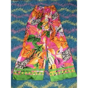 NWT ADOR Women's Wild Hibiscus Satin Wide Leg Palazzo Pants Tropical Floral M